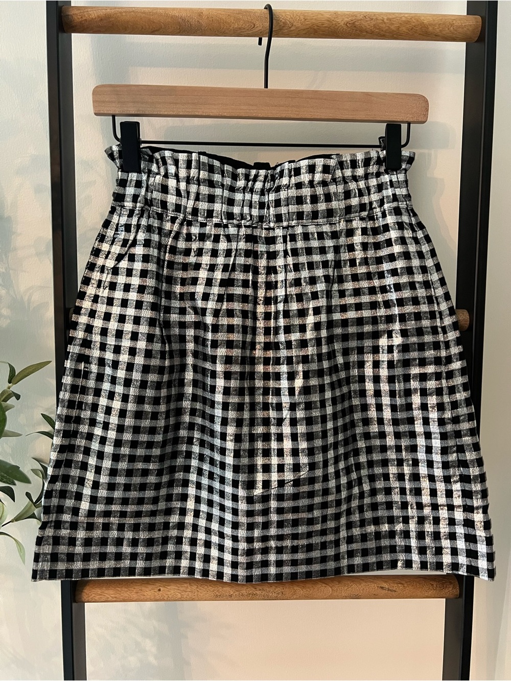 J. Crew Metallic gingham black & silver pull-on mini skirt